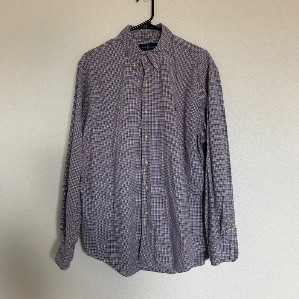 Ralph Lauren Mens Large Gingham Button Down Shirt Purple Long Sleeve Pony Preppy